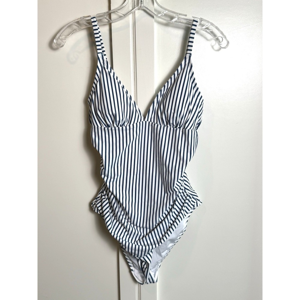 Cupshe Navy White Stripe Ruched One Piece Swimsuit Deep V Plunge Ruffle Women M